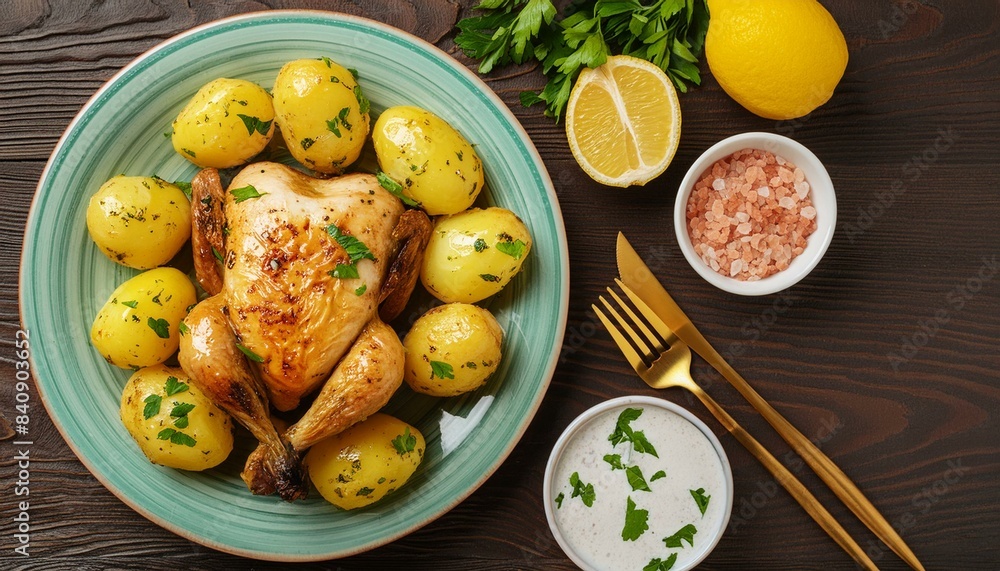 Lemon Garlic Chicken with roast potatoes, top view Lemon Garlic Chicken with roast potatoes, top view
