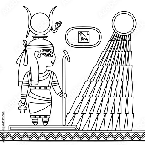 Hathor a goddess of sky in ancient Egyptian religion.  Coloring page for kids. Learning history, culture, mythology with fun. Black and white vector illustration..