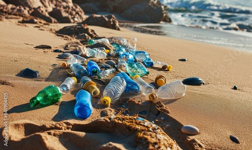 plastic waste, human footprint, people poluting the earth, plastic polution, beach, sand, sea, plastic on the beach, global warming, climate change, garbage on the, Generative AI photo