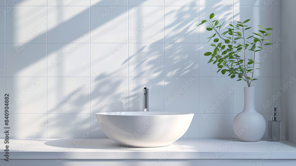 White vanity with ceramic sink and faucet in modern style bathroom with sunlight and shade. White vanity with ceramic sink and faucet in modern style bathroom with sunlight and shade.