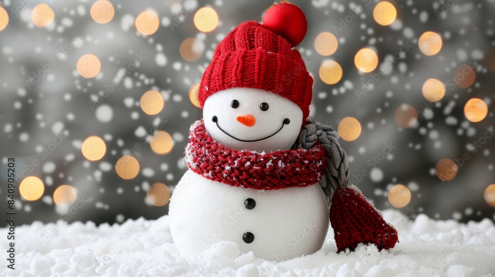 Cute snowman in christmas banner with bokeh lights on snowy background for festive holiday
