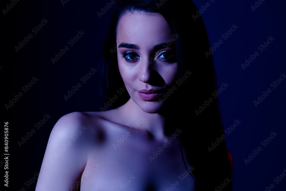 Photo of girl with brunette long hair look isolated neon dark color background