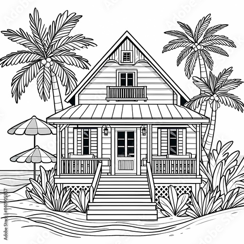Tropical Beach House Coloring Page