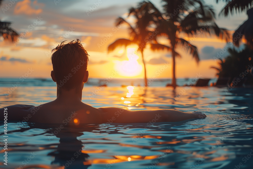 Man Relaxing in Infinity Pool at Sunset Man Relaxing in Infinity Pool at Sunset