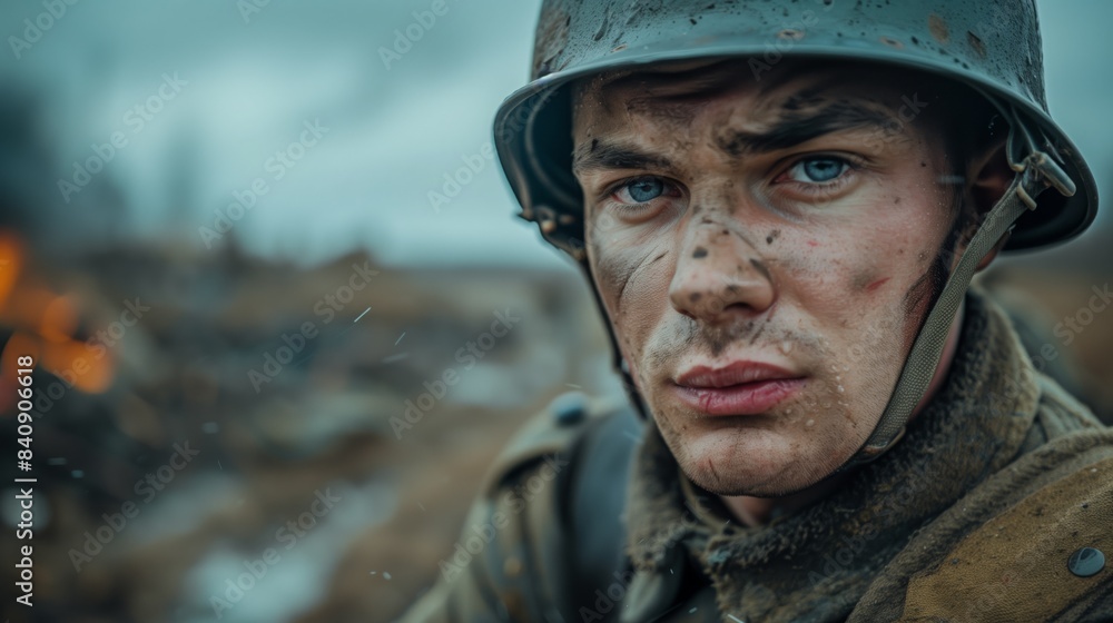 A close-up portrait of a World War II soldier, his face marked with dirt and the weight of battle A close-up portrait of a World War II soldier, his face marked with dirt and the weight of battle