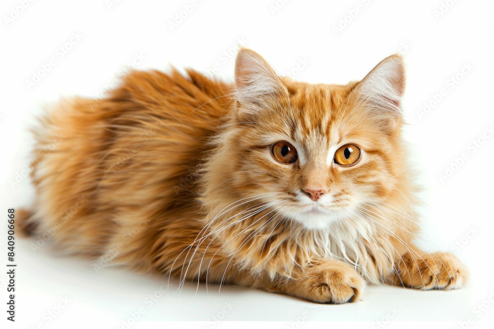 Tabby cat relaxing on white background with copy space in corner for travel blog post or business promotion Tabby cat relaxing on white background with copy space in corner for travel blog post or business promotion