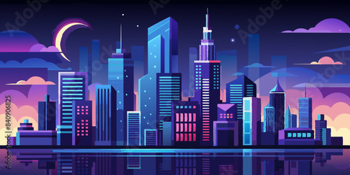 Urban City Skyline at Night with Skyscraper Silhouettes