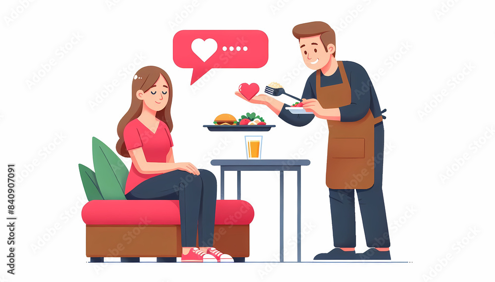 Man Serving Food To Woman Sitting On Couch