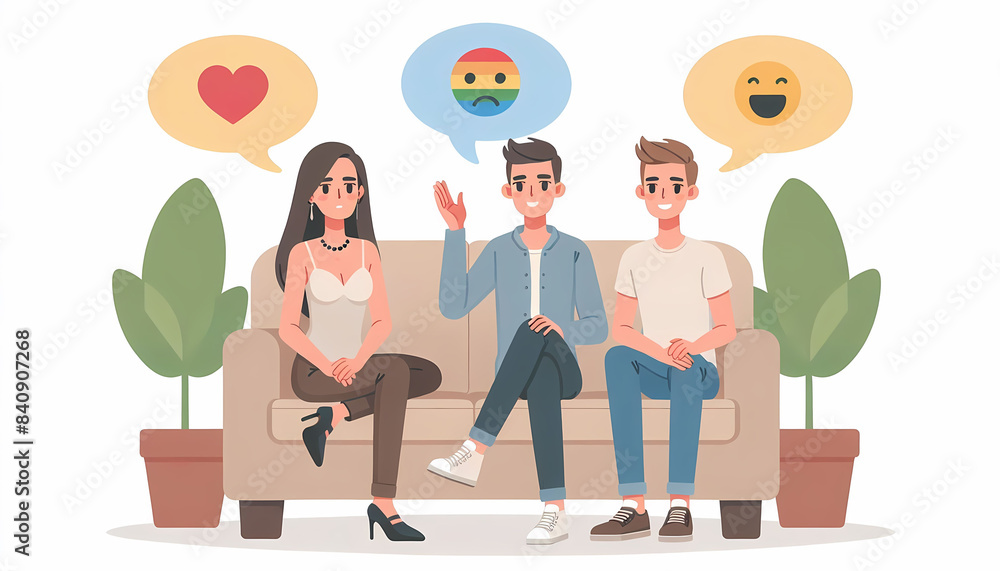 Three People Couch Emoji Faces Conversation
