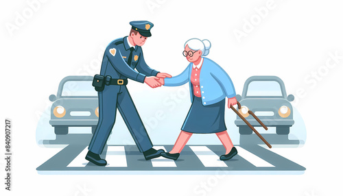 Obraz na płótnie Police Officer Helping Elderly Woman Cross Street w salonie
