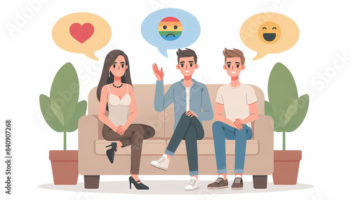 Obraz na płótnie Three People Couch Emoji Faces Conversation w salonie