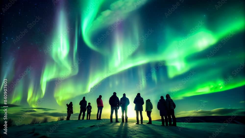 Crowd of people admiring the aurora borealis Crowd of people admiring the aurora borealis