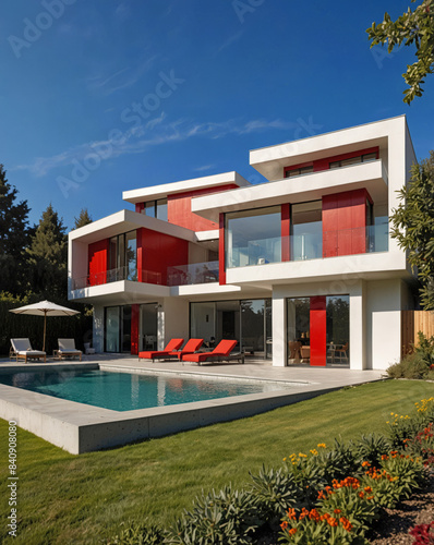 Une maison moderne de. luxe   l  gante avec piscine et jardin paysager. La piscine est entour  e de chaises longues et de plantes en pot. 
