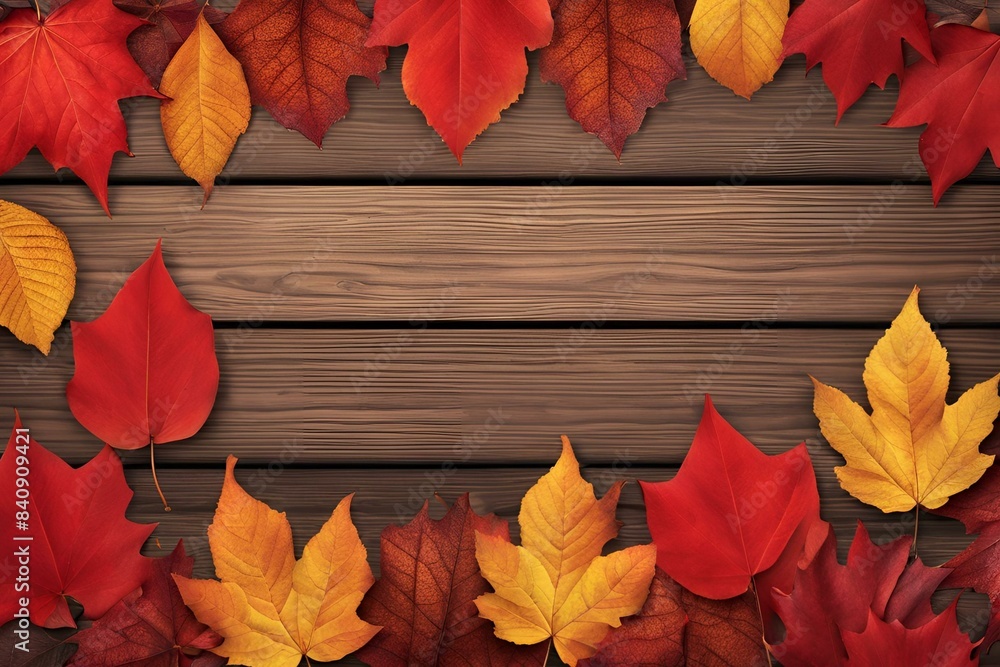 Obraz premium Autumn leaves on wooden background, vibrant red and orange foliage, fall season decor, natural wood texture, seasonal design, colorful leaf arrangement, nature-inspired backdrop, cozy autumn