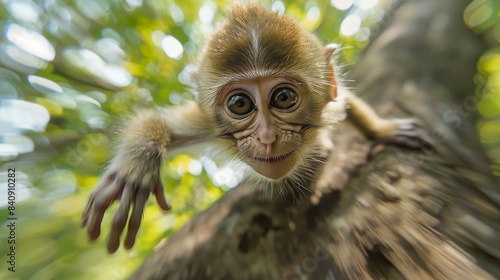 A wide-eyed monkey shows natural curiosity while perched on a tree limb  conveying wilderness and adventure