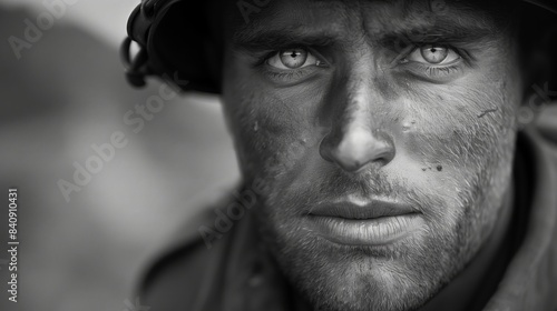 Black and white portrait of a soldiers face