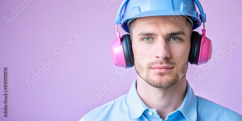 Professional Worker Wearing Safety Headphones Portrait on White Background