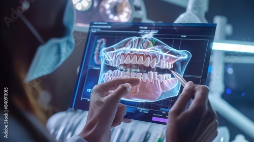 Fototapeta Naklejka Na Ścianę i Meble -  Advanced dental scan technology displaying detailed teeth structure on screen in a modern dentist office