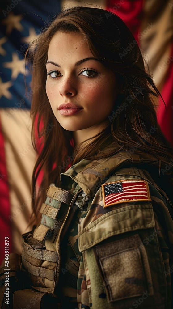 young woman american soldier in front of the flag, USA flag, union flag, veterans from the war, soldier in uniform, golf war, armed conflict, GI, woman in, Generative AI young woman american soldier in front of the flag, USA flag, union flag, veterans from the war, soldier in uniform, golf war, armed conflict, GI, woman in, Generative AI