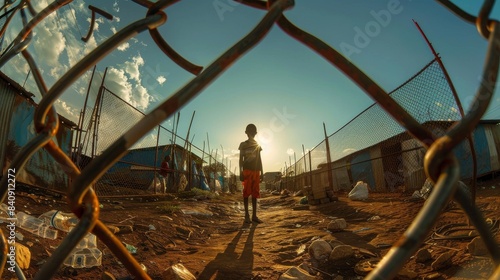 A silhouette of a young person standing alone looking at the sunset, seen through a chain-link fence photo