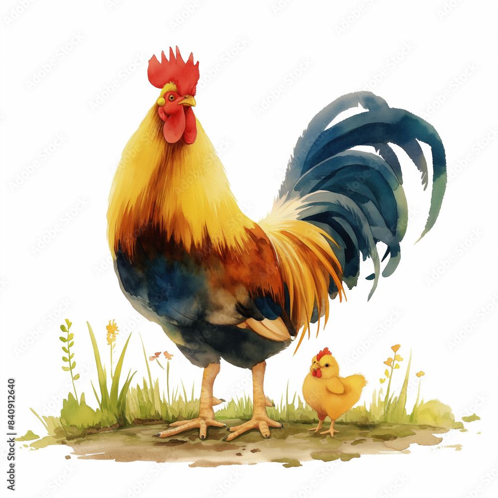 Fototapeta premium Watercolor bright illustration of rooster on white background