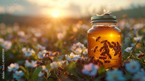 A jar of organic honey and a blooming meadow full of bees at sunset. A beekeeping concept. photo