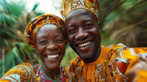 An African couple in traditional prints takes a joyful selfie, with a blurred background adding movement