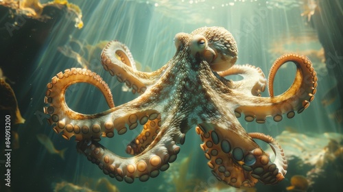 An image capturing the serene movement of an octopus in a sunlit underwater scene, highlighting its detailed tentacles and texture © familymedia