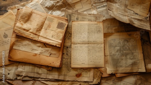 A pile of old, aged military certificates and letters on a wooden surface photo