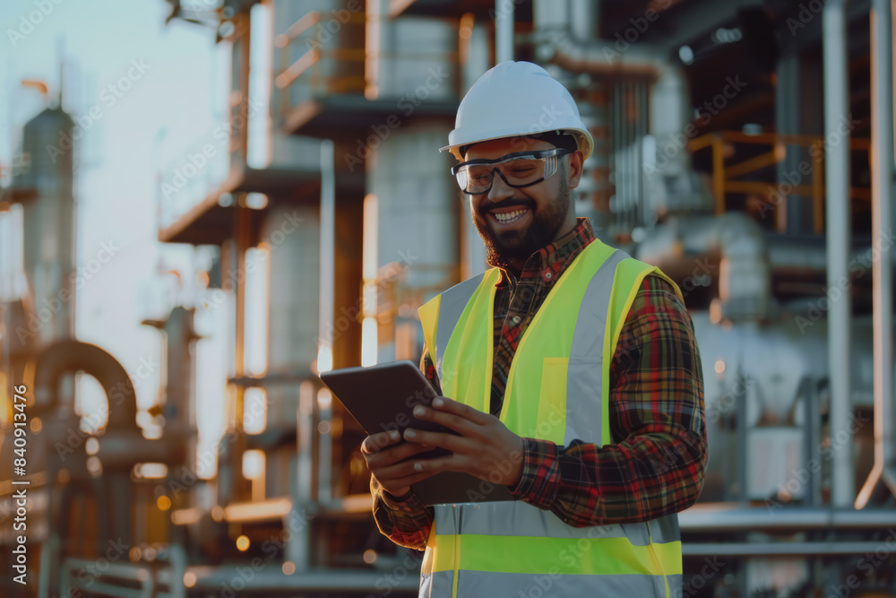 Smiling engineer inspector in protective helmet and safety vest at work. Oil production plant at background. Smiling engineer inspector in protective helmet and safety vest at work. Oil production plant at background.