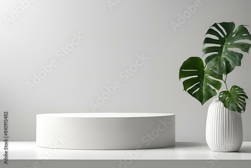 Minimalist Monstera plant in white vase  elegant indoor greenery  modern interior design  bright natural decor  simple plant display  fresh green leaves  serene white setting  contemporary home decor