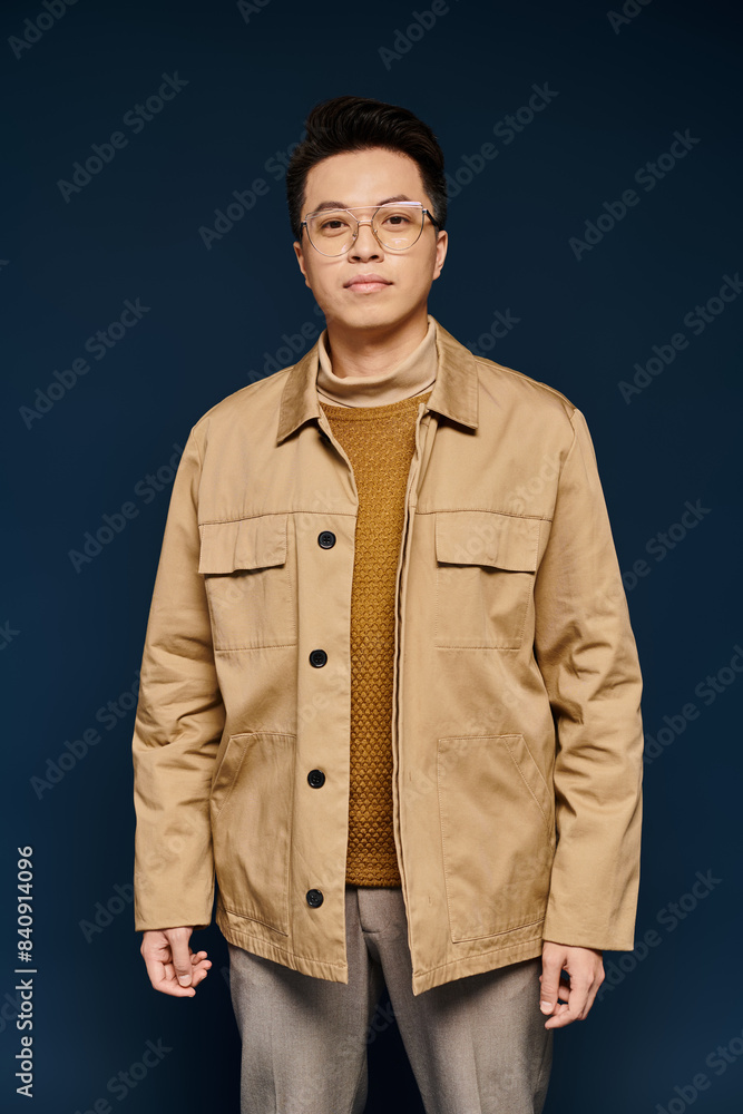 A fashionable young man in elegant attire confidently poses in front of a vibrant blue background. A fashionable young man in elegant attire confidently poses in front of a vibrant blue background.