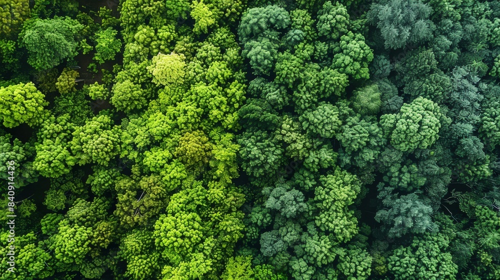 A dense canopy of trees seen from above, offering a textured green landscape and a feeling of the vastness of nature
