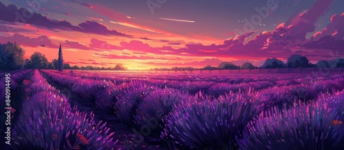 Stunning vibrant lavender field at dusk with rows of lavender plants stretching out to the horizon  The sky is a gradient of warm colors transitioning from deep orange to pink to purple