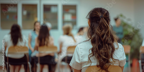 feeling isolated and not belonging, being left out; the back of a girl alone looking to a group of other girls seated and talking together in the background photo