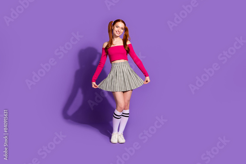 Full length photo of shiny attractive lady dressed off shoulders top smiling empty space isolated violet color background
