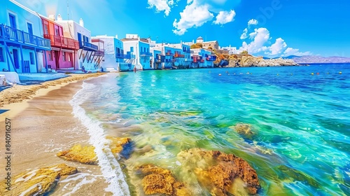 Greece summer holidays. Cyclades .Most famous and beautiful beaches of Mykonos island - Super Paradise beach popular tourist resort 