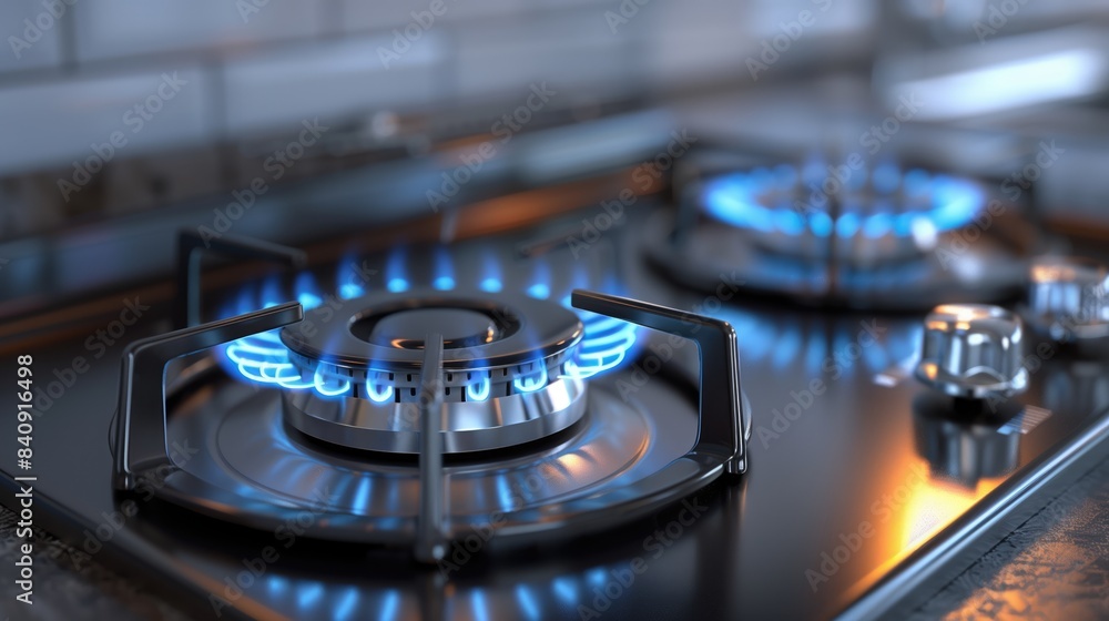 A compact gas stove with burners on a smooth metal surface A compact gas stove with burners on a smooth metal surface