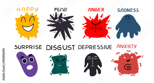 Various abstract expressions of feelings. Positive and negative emotions. Collection funny characters. Vector illustration.