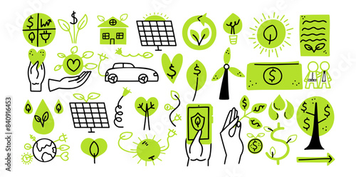 Conceptual ESG icons set. Doodle elements for green business. Eco and sustainable living collection. Vector illustration.