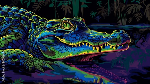 Neon-styled alligator with vibrant colors in a jungle setting, showcasing its colorful scales and sharp teeth.