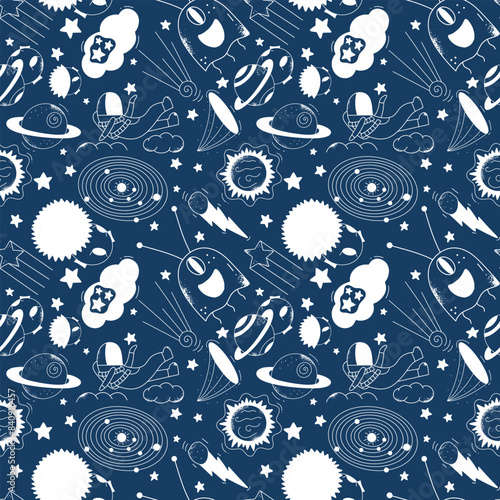 Cosmic seamless pattern. Universe doodle elements on blue background. Vector illustration for print.