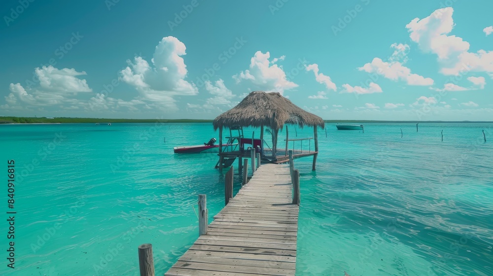 Perfect view of caribbean lagoon Bacalar. Seven Color water. Pier and Hut. Perfect view of caribbean lagoon Bacalar. Seven Color water. Pier and Hut.