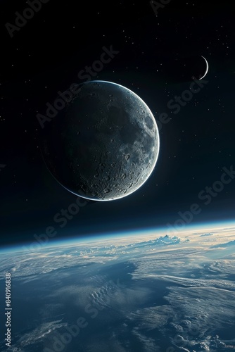 moon, earth, picture from space, atmosphere, earth satellite, cosmos, space, night, moon in the sky, close-up, astronomy, moon crescent, close-up, sky, Generative AI