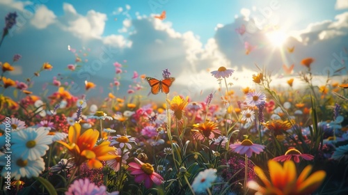 Lush Vibrant Wildflower Meadow Bathed in the Warm Glowing Light of Sunrise Teeming with Fluttering Butterflies and Buzzing Pollinators