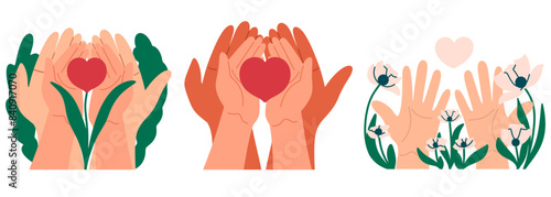 Charity concept set. Collection with hands, hearts, flowers on isolated background.