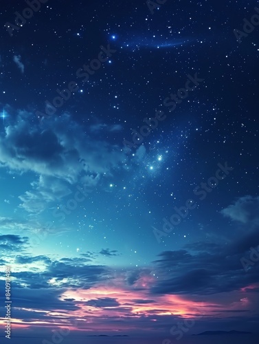 sky at night with stars, clouds, blue and purple gradient, space, galaxy, observing the stars, astronomy, night sky environment, background, dark, sunset, Generative AI