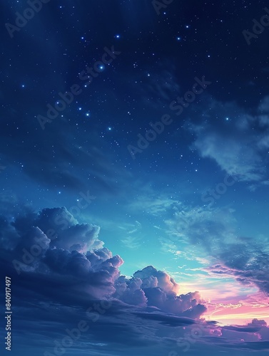 sky at night with stars, clouds, blue and purple gradient, space, galaxy, observing the stars, astronomy, night sky environment, background, dark, sunset, Generative AI