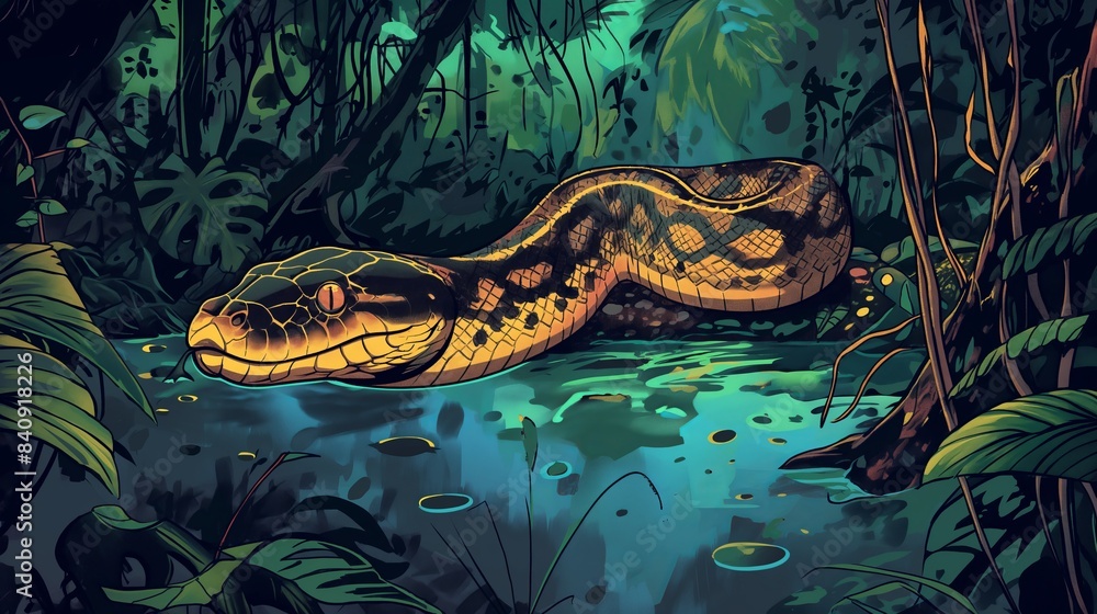 Obraz premium A snake dwells in a glowing, mysterious jungle pool surrounded by dense, lush vegetation.