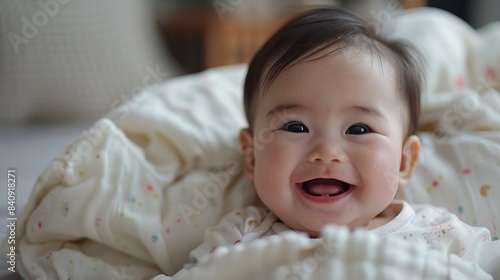 Adorable infant smiles widely, wrapped in a soft blanket with a light pattern